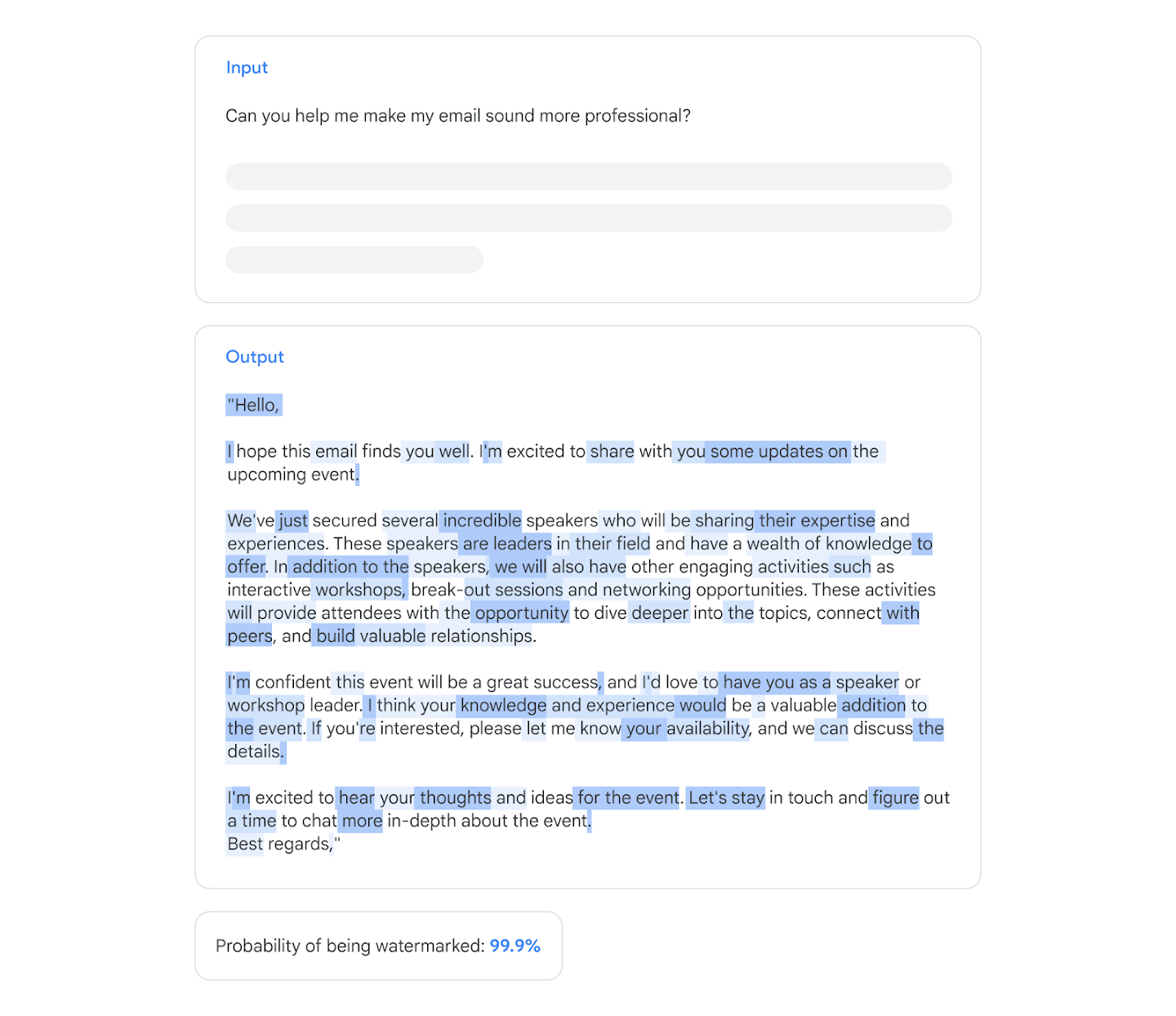 Visualizzazione ufficiale di SynthID-Text: un’email con le parti del testo che contribuiscono al watermark evidenziate in blu e una probabilità del 99,9 per cento.