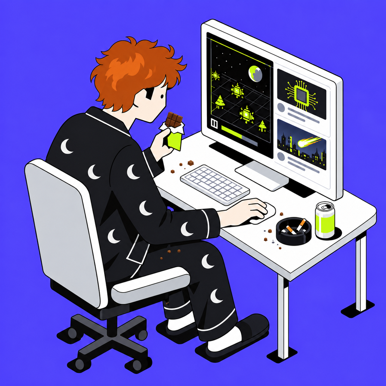 Un uomo dai capelli rossi, in pigiama, legge al computer mentre tiene del cioccolato; sul tavolo ci sono una lattina e un posacenere.