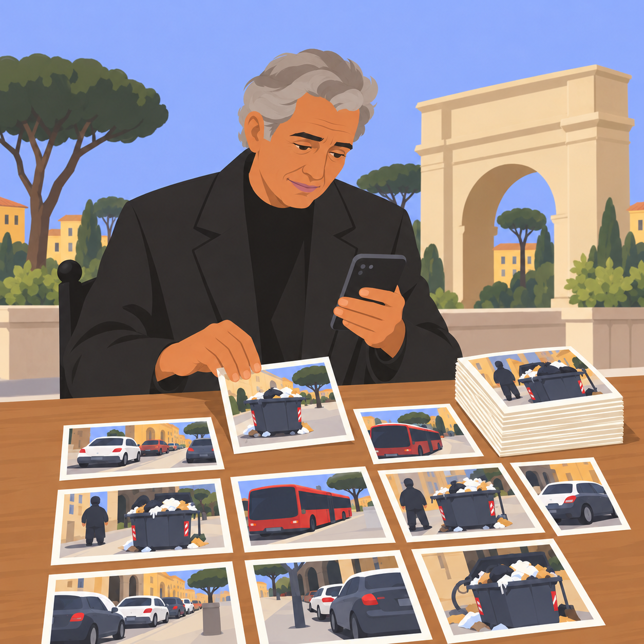 Un uomo ordina immagini di cassonetti, autobus e auto parcheggiate mentre guarda un telefono, a Roma.