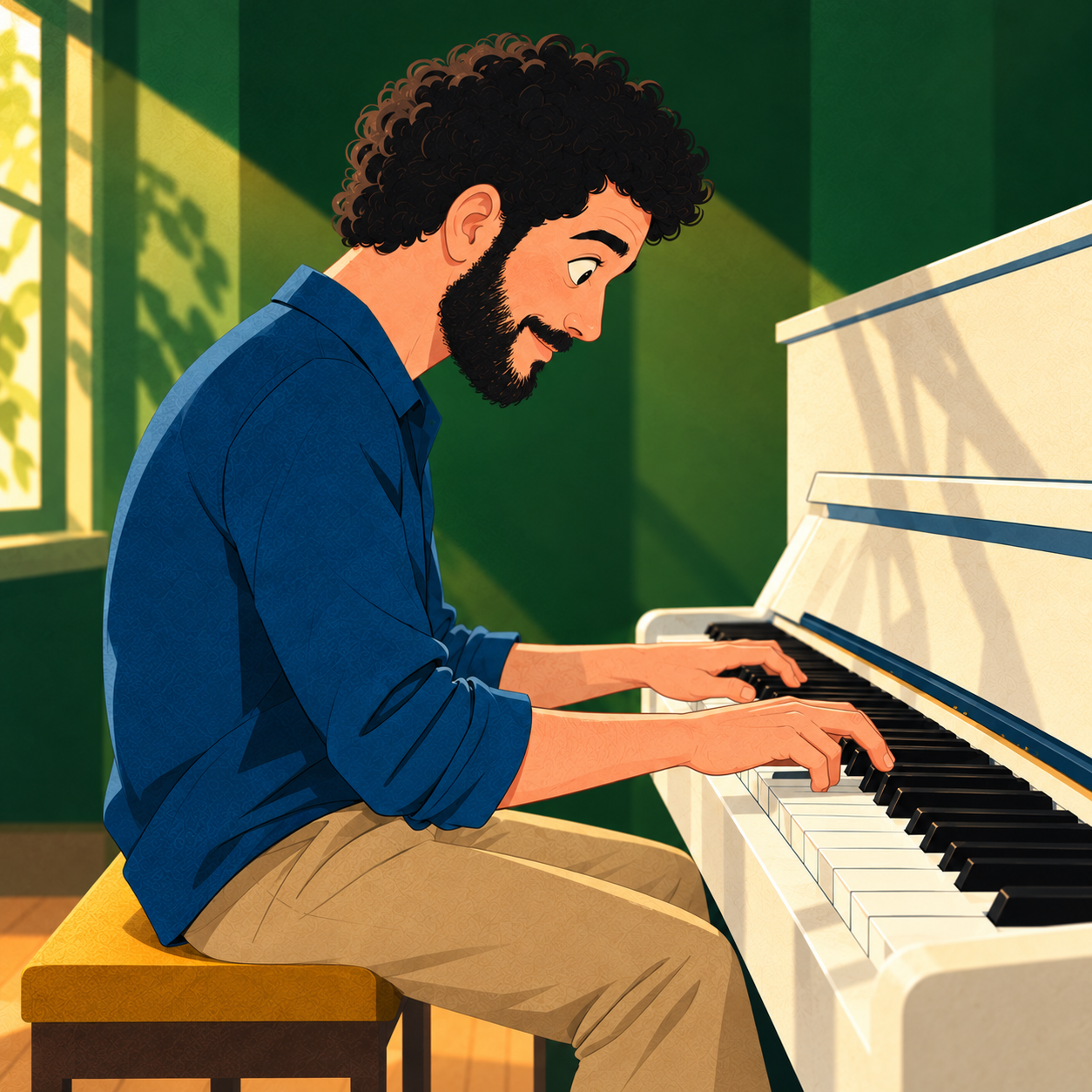 Un musicista sorridente suona un pianoforte chiaro in uno studio verde.