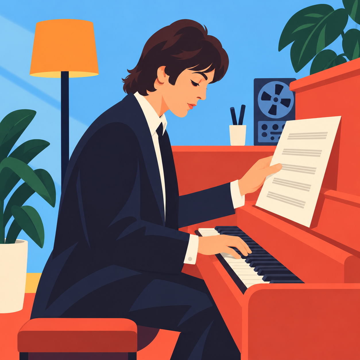 Paul McCartney giovane, illustrato con forme morbide, al pianoforte con un foglio sul leggio.