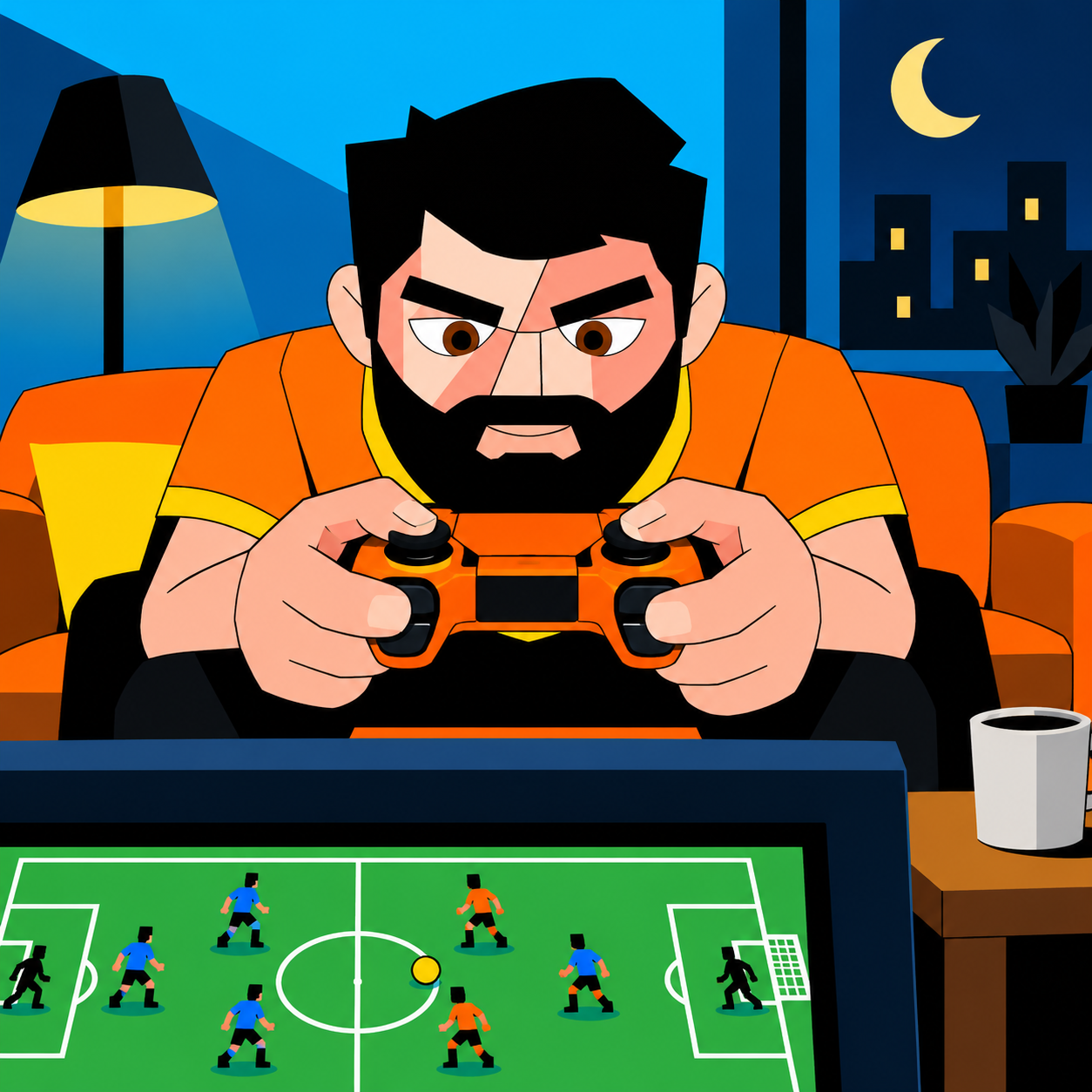 Un uomo barbuto stringe un controller davanti a un videogioco di calcio, di notte.