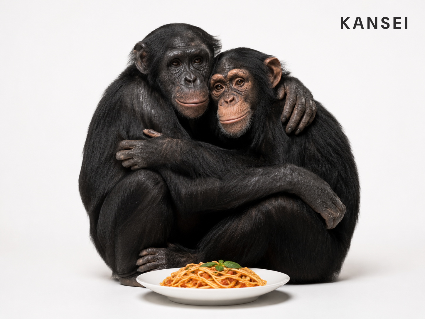 Bonobo e scimpanzé si abbracciano prima di dover condividere il cibo