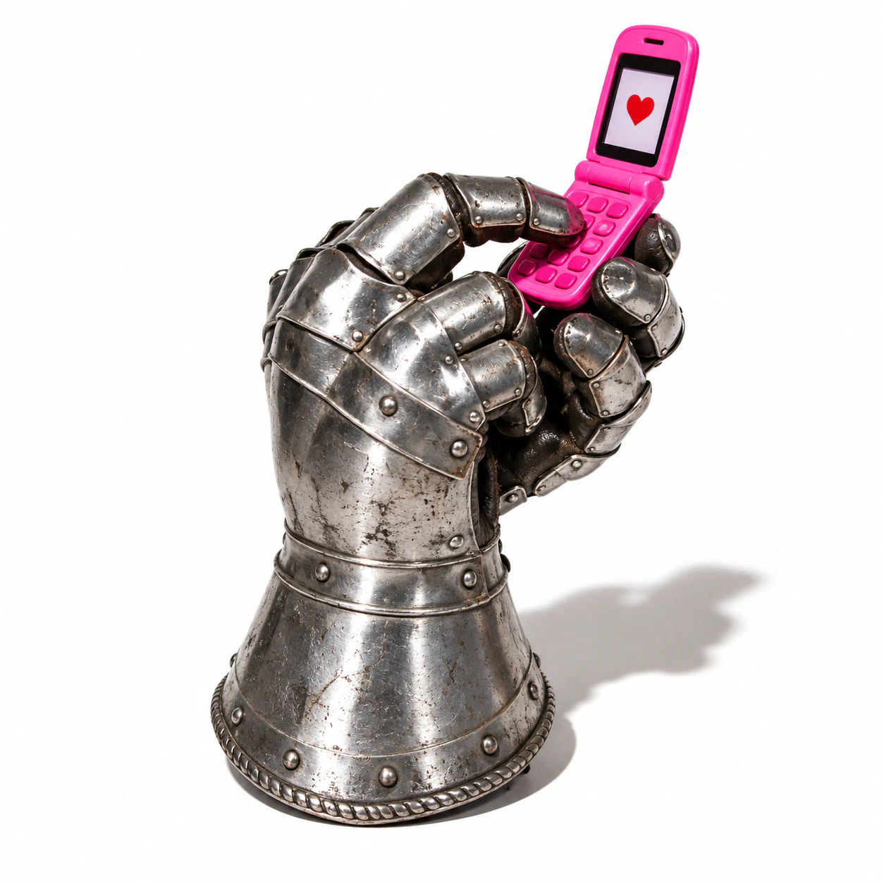 Guanto da cavaliere con telefono rosa: il corteggiamento tradizionale diventa una funzione digitale. Illustrazione generata con AI per KANSEI.