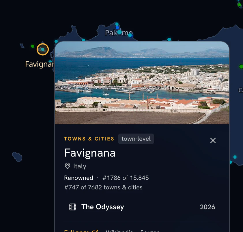La scheda di Favignana su Movie Scene Map mostra una foto dell’isola e il film The Odyssey.